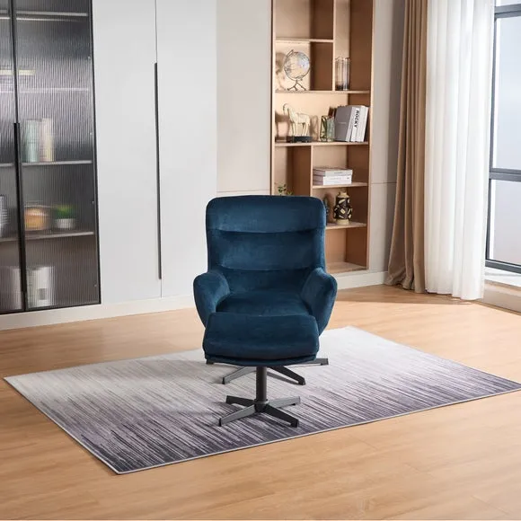 Swivel Recliner Chair with Footstool - Blue, Velvet