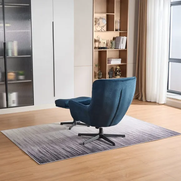 Swivel Recliner Chair with Footstool - Blue, Velvet