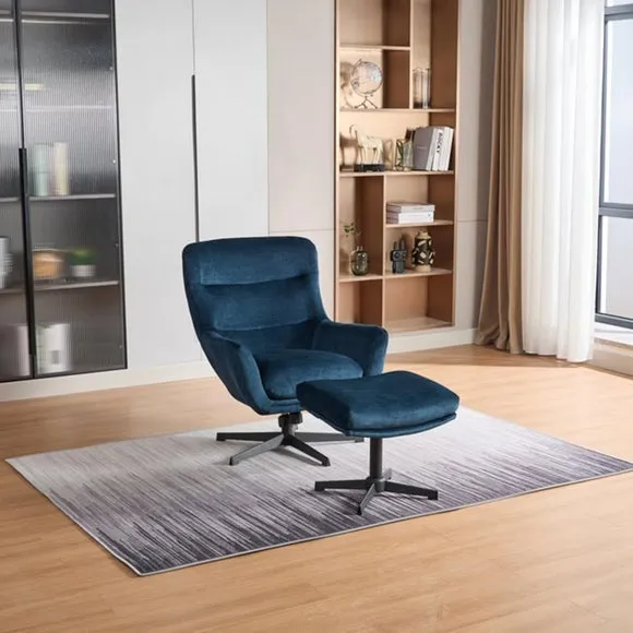 Swivel Recliner Chair with Footstool - Blue, Velvet image