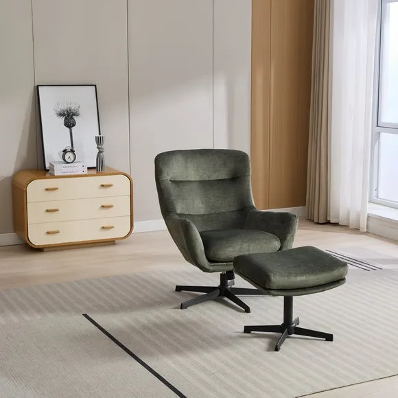 Swivel Recliner Chair with Footstool - Green, Velvet