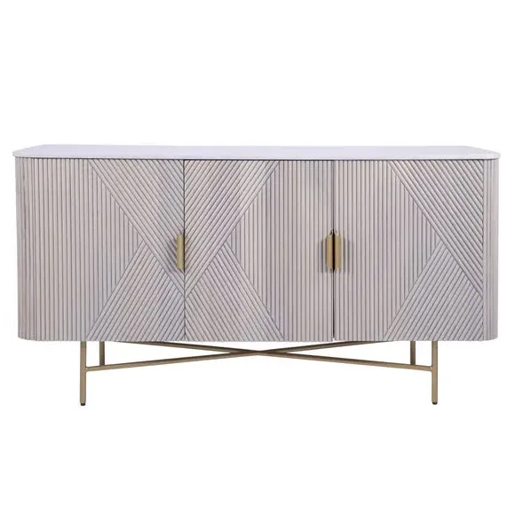 3-Door Sideboard with Ribbed Design - White, Wood