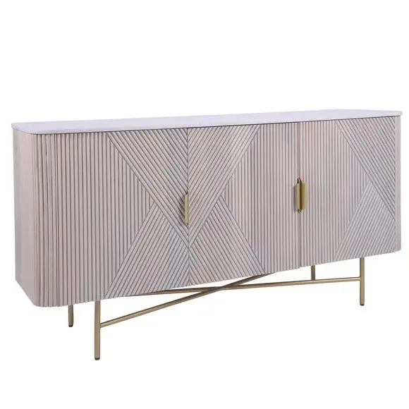 3-Door Sideboard with Ribbed Design - White, Wood