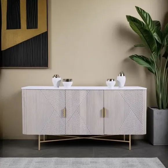 3-Door Sideboard with Ribbed Design - White, Wood image