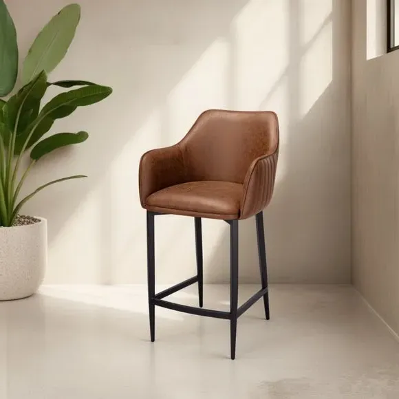Bar Stool with Armrests - Brown, Faux Leather image