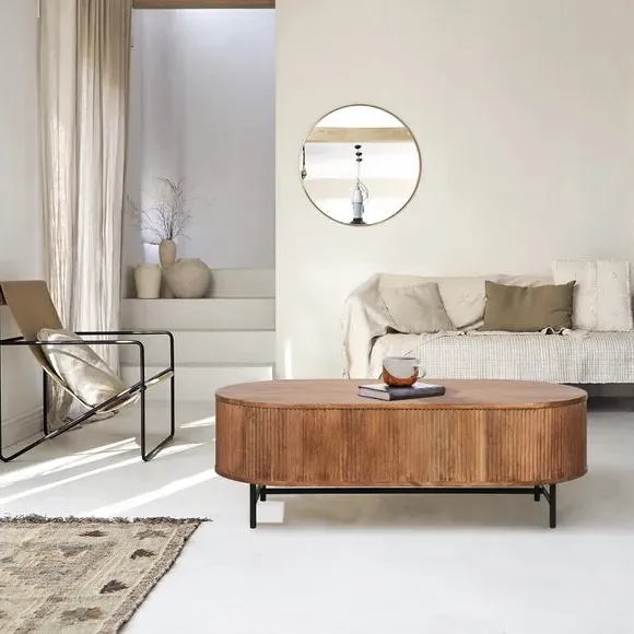 Oval Coffee Table with Ribbed Design - Natural image