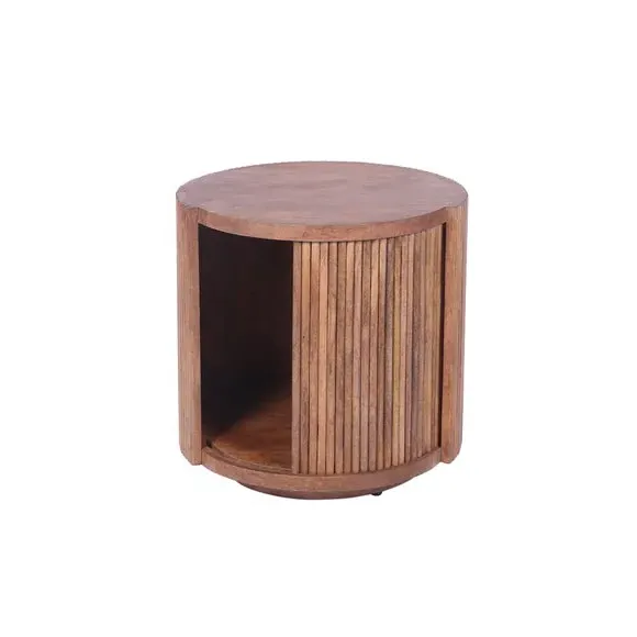 Round Side Table with Storage - Light Wood, Mango