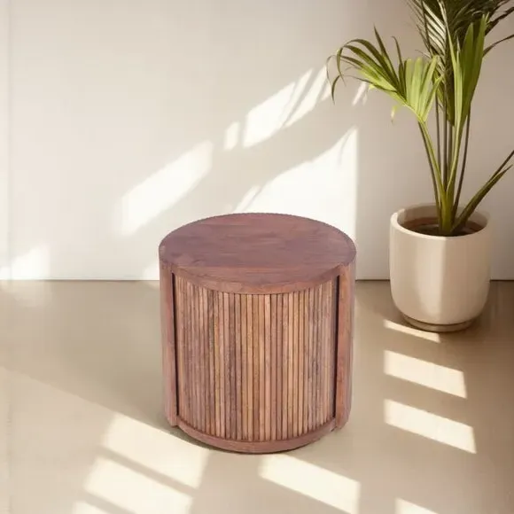 Round Side Table with Storage - Light Wood, Mango image