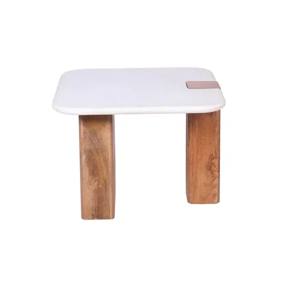 Side Table with Chunky Legs - Light Wood, Marble