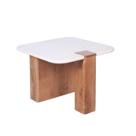 Side Table with Chunky Legs - Light Wood, Marble