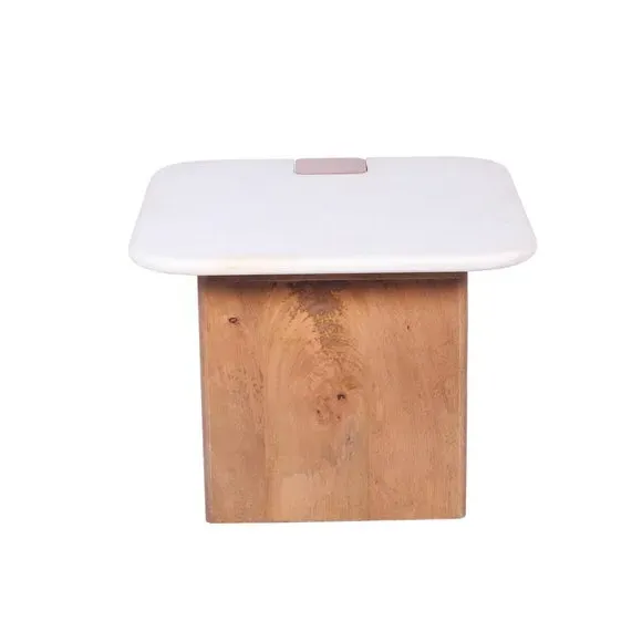 Side Table with Chunky Legs - Light Wood, Marble