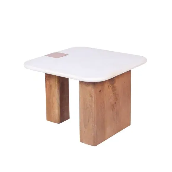 Side Table with Chunky Legs - Light Wood, Marble