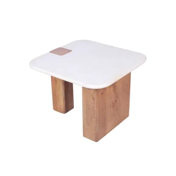 Side Table with Chunky Legs - Light Wood, Marble
