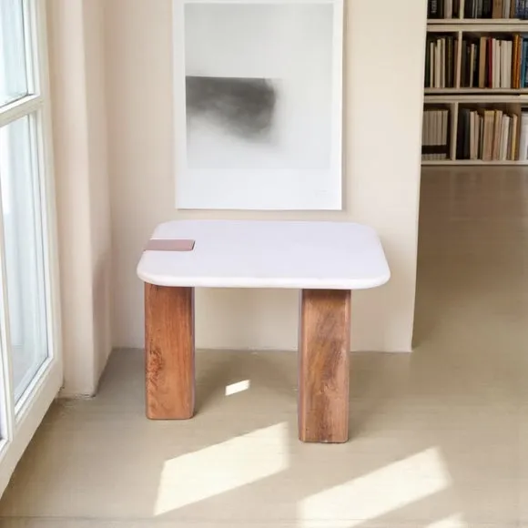 Side Table with Chunky Legs - Light Wood, Marble image