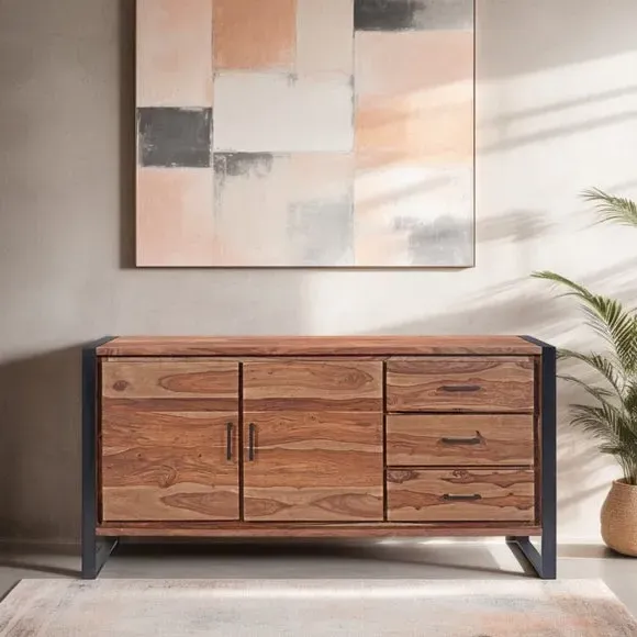 Wide Sideboard with Metal Legs - Dark Wood image