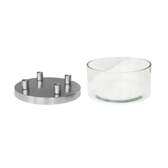 4-Candle Holder with Glass Bowl - Silver, Metal