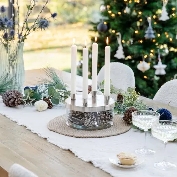 4-Candle Holder with Glass Bowl - Silver, Metal