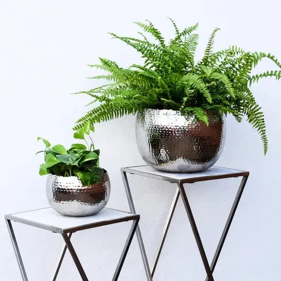 Bowl Plant Pot with Hammered Finish - Nickel, Iron