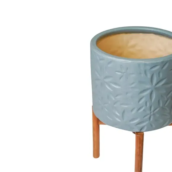 Ceramic Plant Pot with Stand - Blue, Ceramic