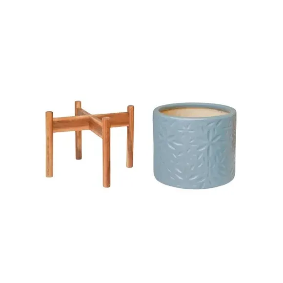 Ceramic Plant Pot with Stand - Blue, Ceramic