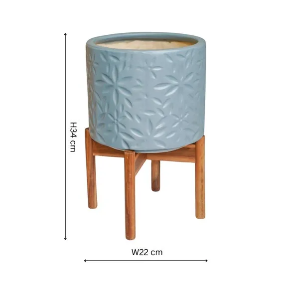 Ceramic Plant Pot with Stand - Blue, Ceramic