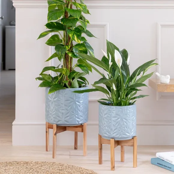 Ceramic Plant Pot with Stand - Blue, Ceramic