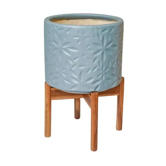 Ceramic Plant Pot with Stand - Blue, Ceramic image