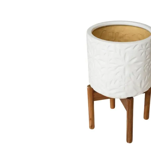 Ceramic Plant Pot with Stand - White, Ceramic