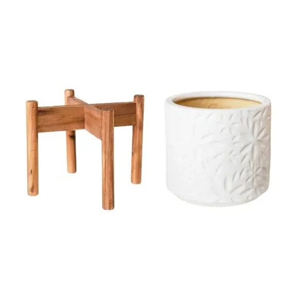 Ceramic Plant Pot with Stand - White, Ceramic
