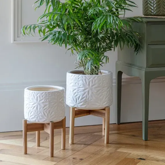 Ceramic Plant Pot with Stand - White, Ceramic