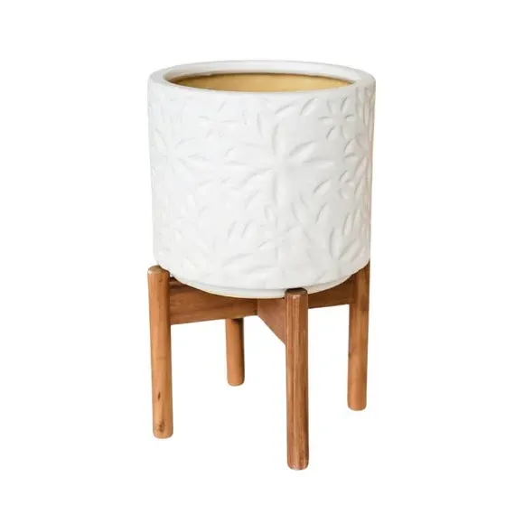 Ceramic Plant Pot with Stand - White, Ceramic