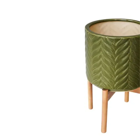 Chevron Plant Pot with Stand - Green, Ceramic