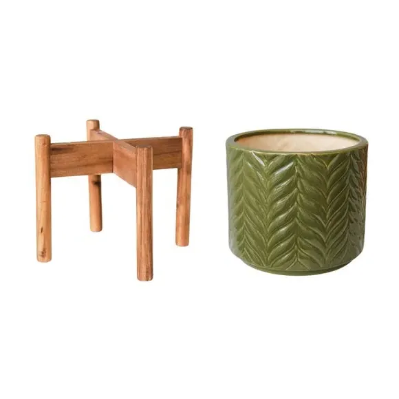 Chevron Plant Pot with Stand - Green, Ceramic