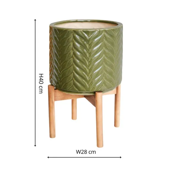 Chevron Plant Pot with Stand - Green, Ceramic