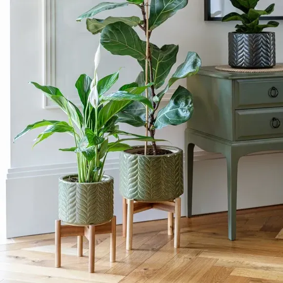 Chevron Plant Pot with Stand - Green, Ceramic image