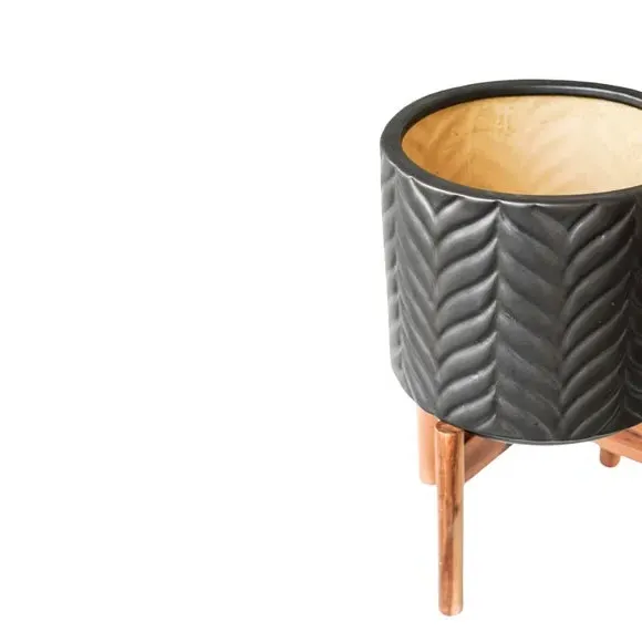 Chevron Plant Pot with Stand - Grey, Ceramic