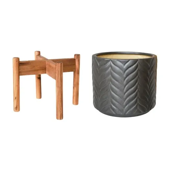 Chevron Plant Pot with Stand - Grey, Ceramic