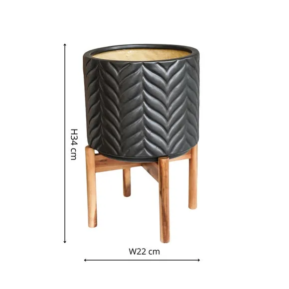 Chevron Plant Pot with Stand - Grey, Ceramic