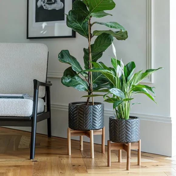 Chevron Plant Pot with Stand - Grey, Ceramic