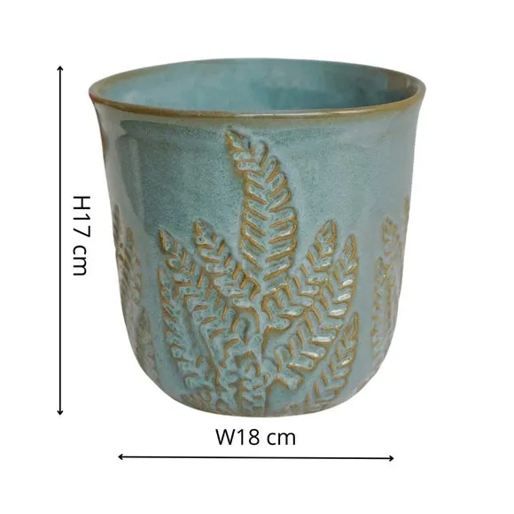 Embossed Fern Plant Pot - Teal, Stoneware