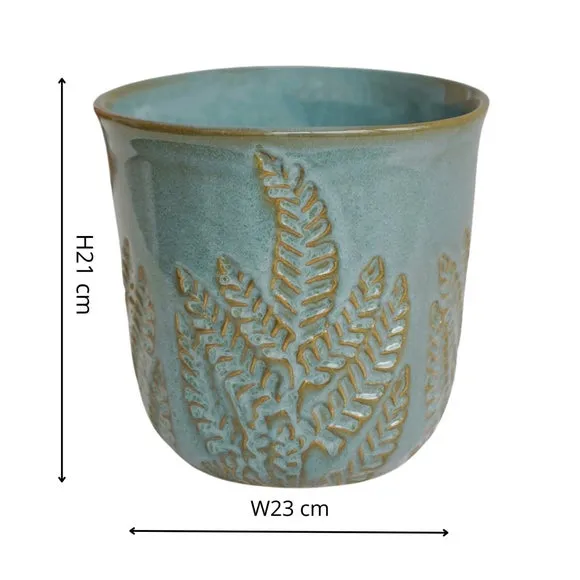 Embossed Fern Plant Pot - Teal, Stoneware