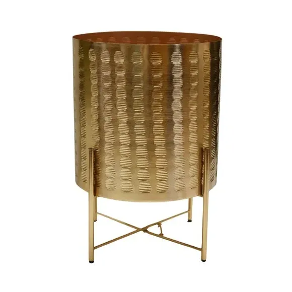 Embossed Plant Pot with Stand - Gold, Metal image