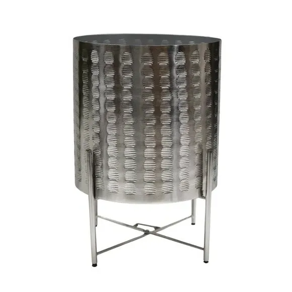 Embossed Plant Pot with Stand - Silver, Metal