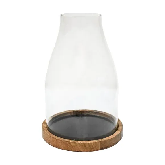 Hurricane Lantern with Wood Base - Natural, Glass