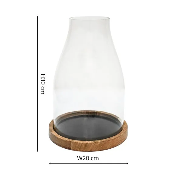 Hurricane Lantern with Wood Base - Natural, Glass