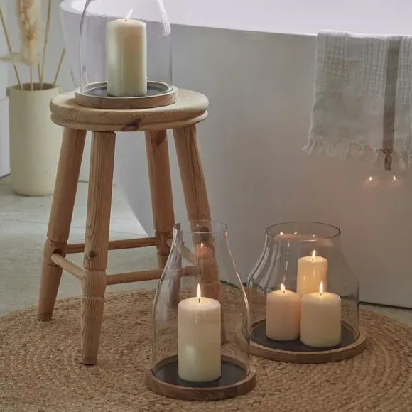 Hurricane Lantern with Wood Base - Natural, Glass image