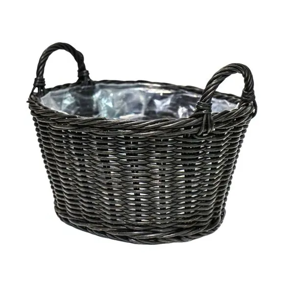 Lined Basket Plant Pot - Dark Wood, Polyrattan