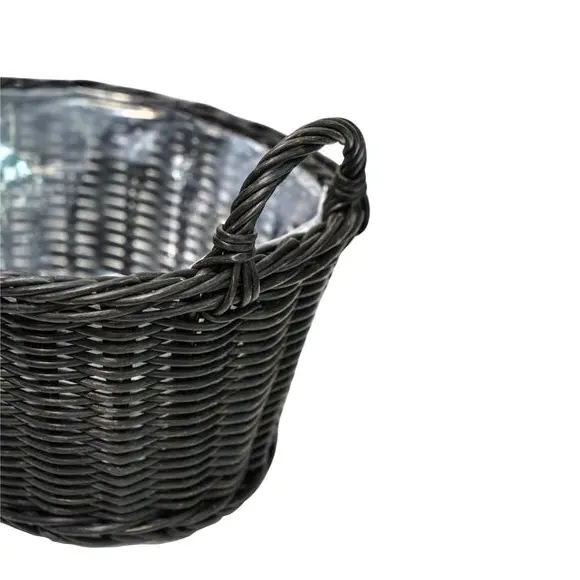 Lined Basket Plant Pot - Dark Wood, Polyrattan