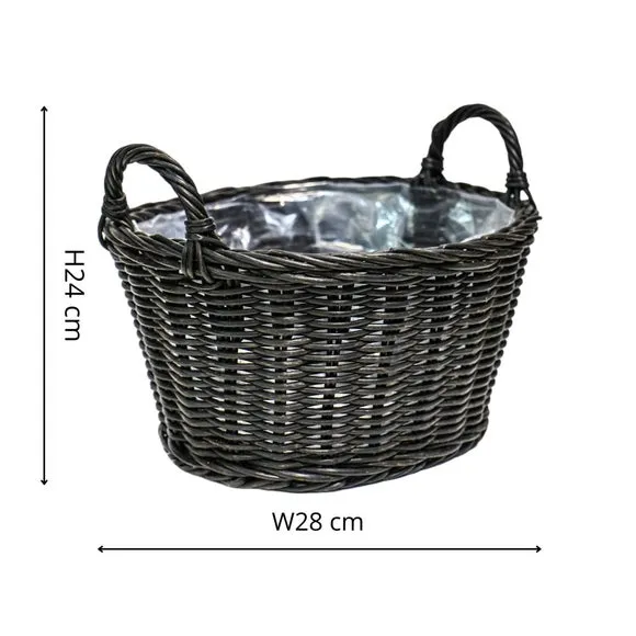 Lined Basket Plant Pot - Dark Wood, Polyrattan