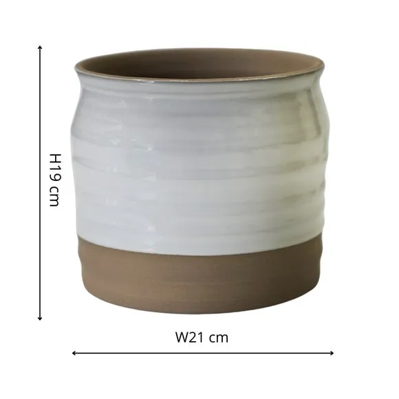 Lipped Plant Pot with Ripple Design - White, Ceramic