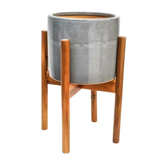 Plant Pot with Stand - Warm Grey, Ceramic
